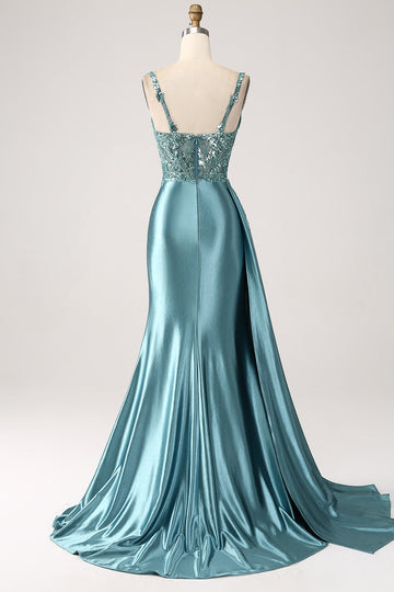 Blue Mermaid V-Neck Satin Long Appliques Sequin Ball Dress With Slit
